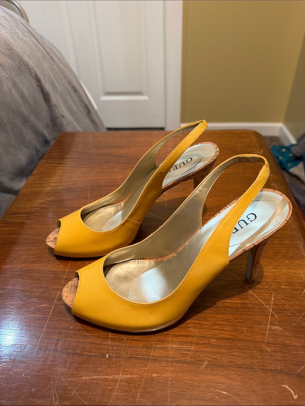 GUESS Mustard Yellow Peep-Toe Slingback Heels